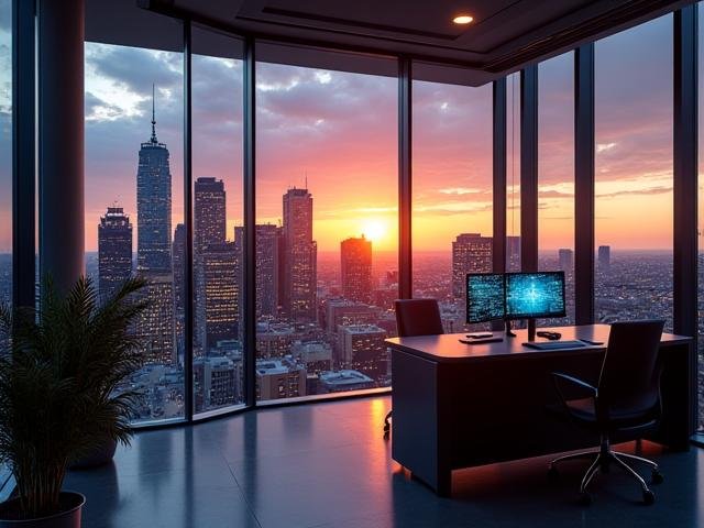 Modern office interior with a view of the Austin, TX skyline at sunset