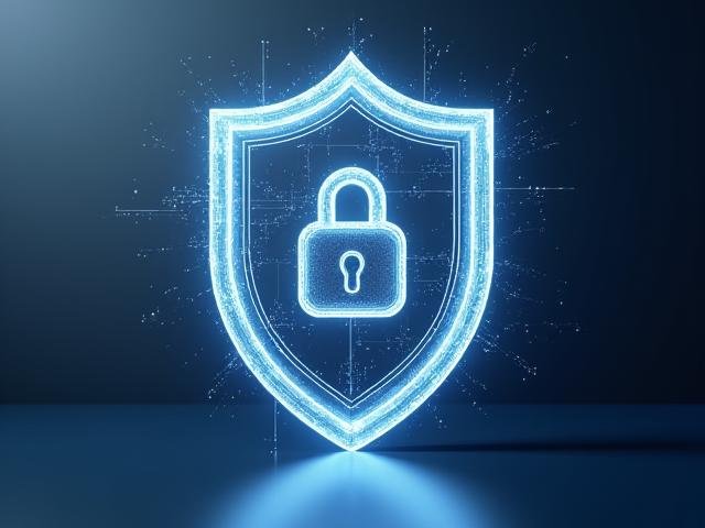 Abstract visualization of secure data layers and compliance icons