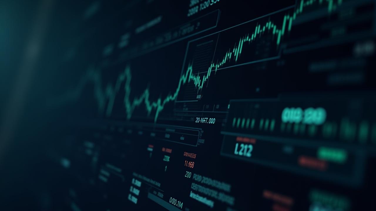 Stylized, animated dashboard preview with flickering numbers and charts showing real-time crypto market data
