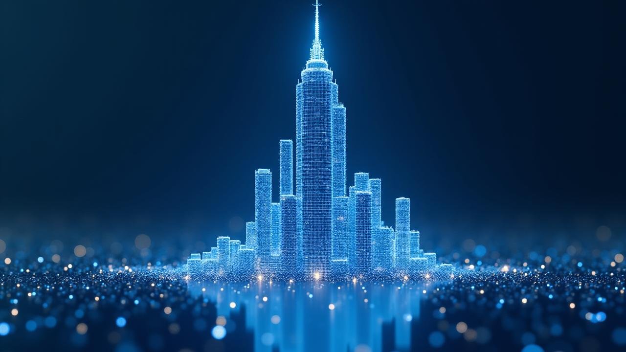 A graphical representation of real estate morphing into digital blockchain components, symbolizing tokenized assets.
